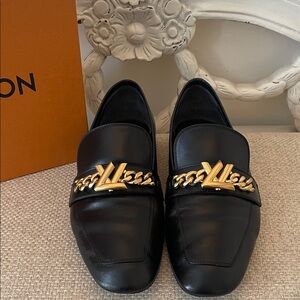 Louis Vuitton Black Leather Loafers with Gold Chain LV Accent